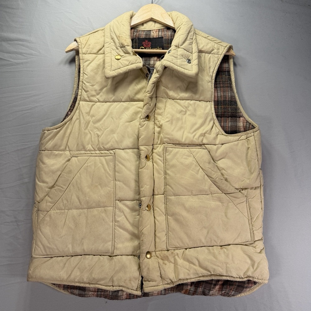 True Vintage 70s Puffer Vest Mens Medium Beige California Imperial Snap Show
